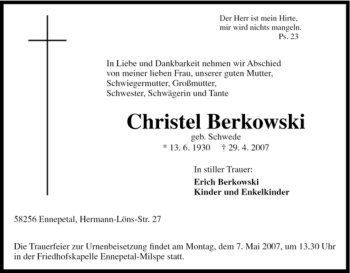 Traueranzeige von Christel Berkowski von Tageszeitung