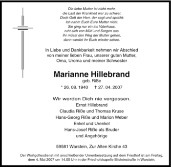 Traueranzeige von Marianne Hillebrand von Tageszeitung