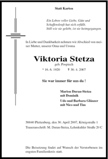 Traueranzeige von Viktoria Stetza von Tageszeitung
