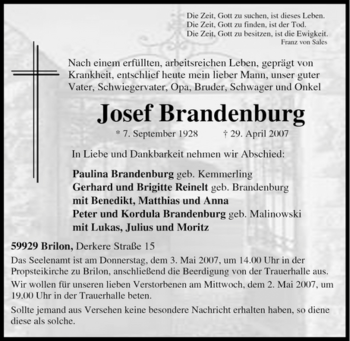 Traueranzeige von Josef Brandenburg von Tageszeitung