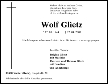 Traueranzeige von Wolf Glietz von Tageszeitung