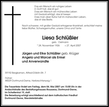 Traueranzeige von Liesa Schlüßler von Tageszeitung