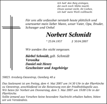 Traueranzeige von Norbert Schmidt von Tageszeitung