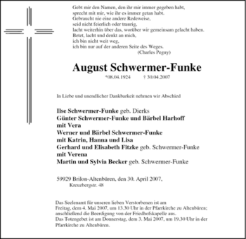 Traueranzeige von August Schwermer-Funke von Tageszeitung