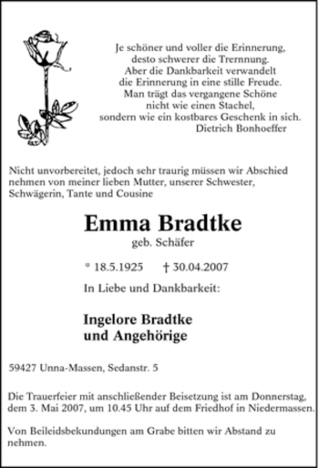 Traueranzeige von Emma Bradtke von Tageszeitung