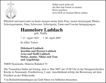 Traueranzeige von Hannelore Laddach von Tageszeitung