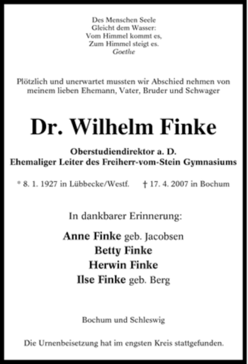 Traueranzeige von Wilhelm Finke von Tageszeitung