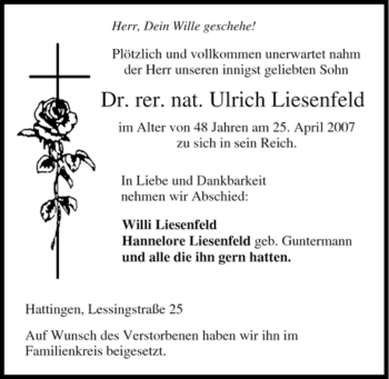 Traueranzeige von Ulrich Liesenfeld von Tageszeitung