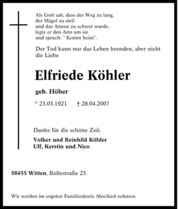 Traueranzeige von Elfriede Köhler von Tageszeitung