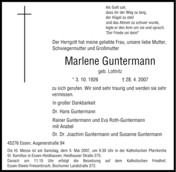 Traueranzeige von Marlene Guntermann von Tageszeitung