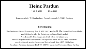 Traueranzeige von Heinz Pardun von Tageszeitung