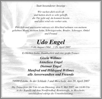 Traueranzeige von Udo Engel von Tageszeitung