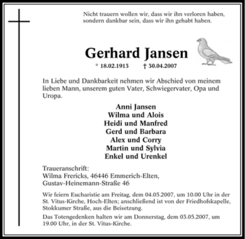 Traueranzeige von Gerhard Jansen von Tageszeitung