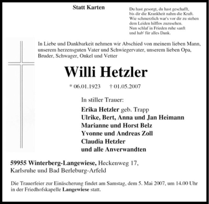  Traueranzeige für Willi Hetzler vom 03.05.2007 aus Tageszeitung