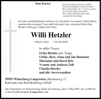 Traueranzeige von Willi Hetzler von Tageszeitung