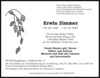 Traueranzeige von Erwin Zimmer von Tageszeitung