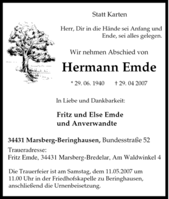 Traueranzeige von Hermann Emde von Tageszeitung