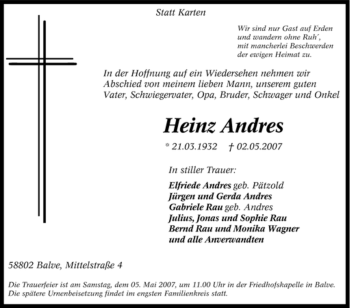 Traueranzeige von Heinz Andres von Tageszeitung