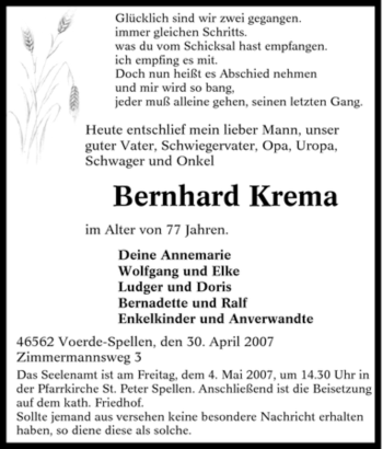 Traueranzeige von Bernhard Krema von Tageszeitung