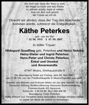 Traueranzeige von Käthe Peterkes von Tageszeitung