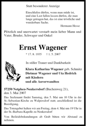 Traueranzeige von Ernst Wagener von Tageszeitung