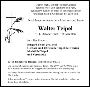 Traueranzeige von Walter Teipel von Tageszeitung