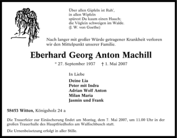 Traueranzeige von Eberhard Georg Anton Machill von Tageszeitung