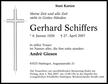 Traueranzeige von Gerhard Schiffers von Tageszeitung