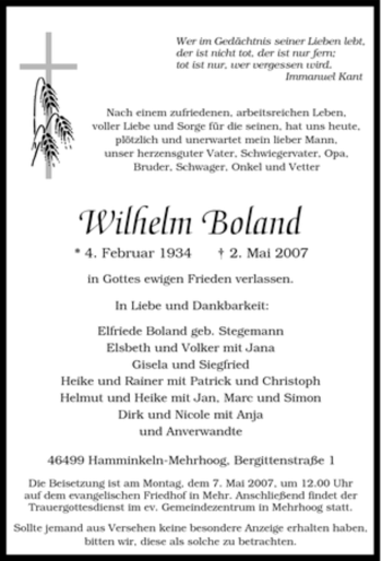 Traueranzeige von Wilhelm Boland von Tageszeitung