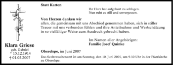 Traueranzeige von Klara Griese von Tageszeitung
