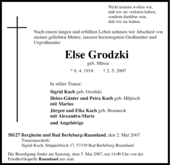 Traueranzeige von Else Grodzki von Tageszeitung