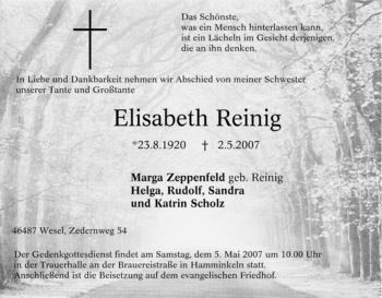 Traueranzeige von Elisabeth Reinig von Tageszeitung