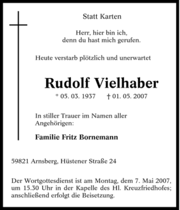 Traueranzeige von Rudolf Vielhaber von Tageszeitung
