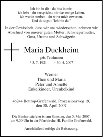 Traueranzeige von Maria Duckheim von Tageszeitung