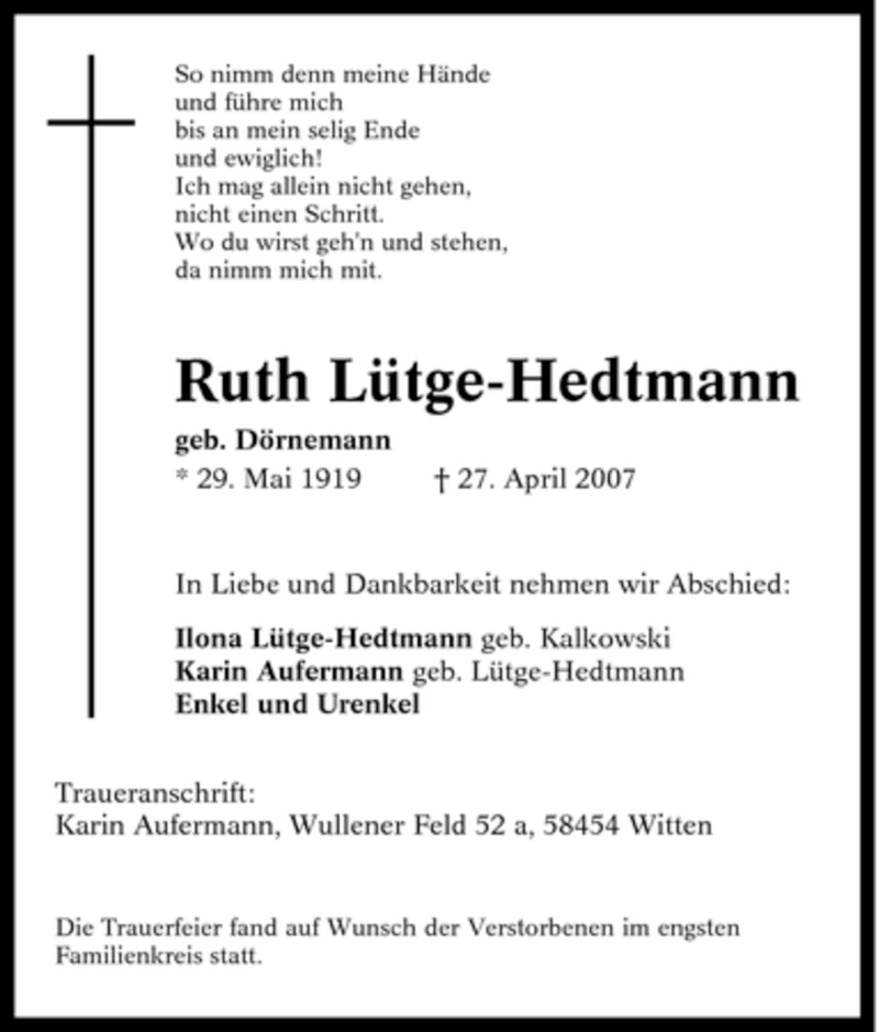  Traueranzeige für Ruth Lütge-Hedtmann vom 04.05.2007 aus Tageszeitung