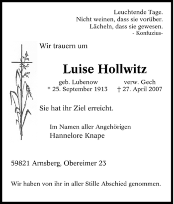 Traueranzeige von Luise Hollwitz von Tageszeitung