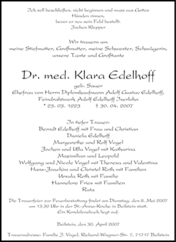 Traueranzeige von Klara Edelhoff von Tageszeitung