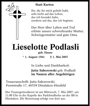 Traueranzeige von Lieselotte Podlasli von Tageszeitung