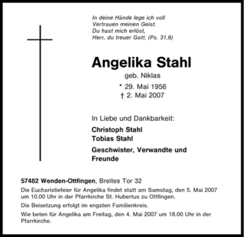Traueranzeige von Angelika Stahl von Tageszeitung