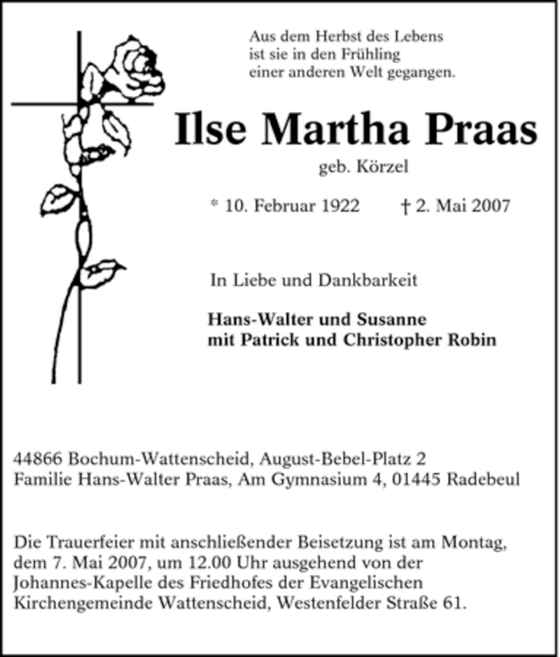  Traueranzeige für Ilse Martha Praas vom 04.05.2007 aus Tageszeitung