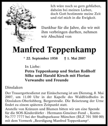 Traueranzeige von Manfred Teppenkamp von Tageszeitung