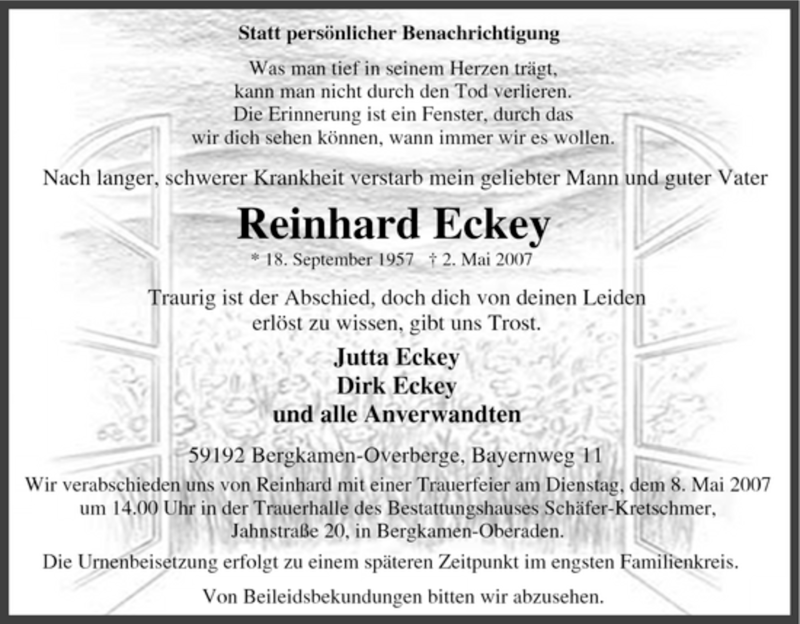  Traueranzeige für Reinhard Eckey vom 04.05.2007 aus Tageszeitung