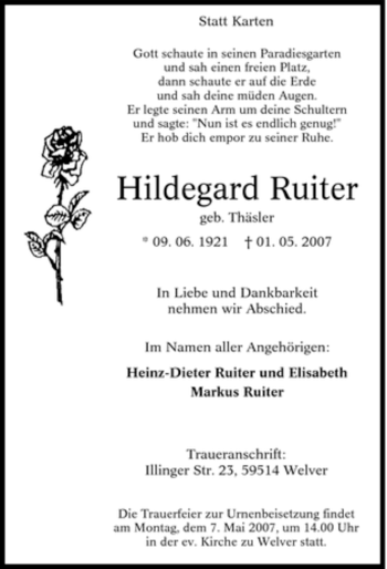 Traueranzeige von Hildegard Ruiter von Tageszeitung