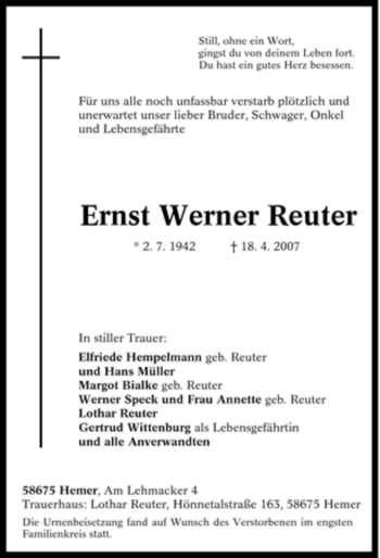 Traueranzeige von Ernst Werner Reuter von Tageszeitung