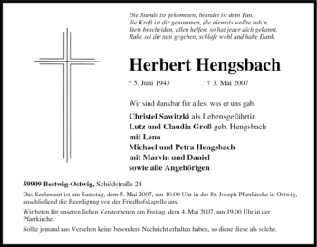 Traueranzeige von Herbert Hengsbach von Tageszeitung