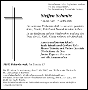 Traueranzeige von Steffen Schmitz von Tageszeitung