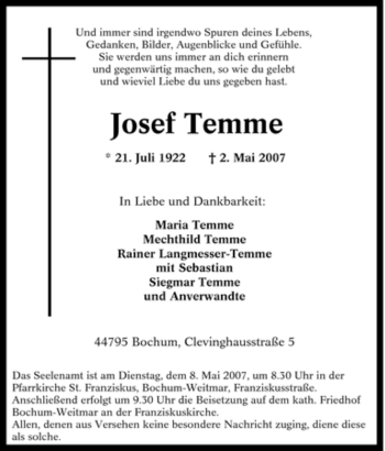 Traueranzeige von Josef Temme von Tageszeitung