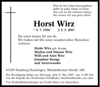 Traueranzeige von Horst Wirz von Tageszeitung