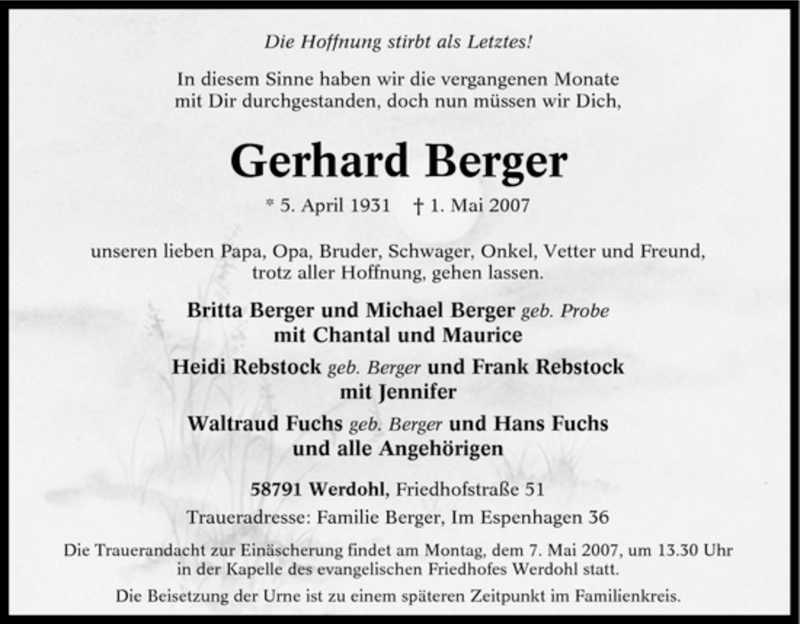  Traueranzeige für Gerhard Berger vom 04.05.2007 aus Tageszeitung