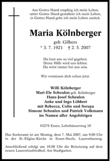 Traueranzeige von Maria Kölnberger von Tageszeitung
